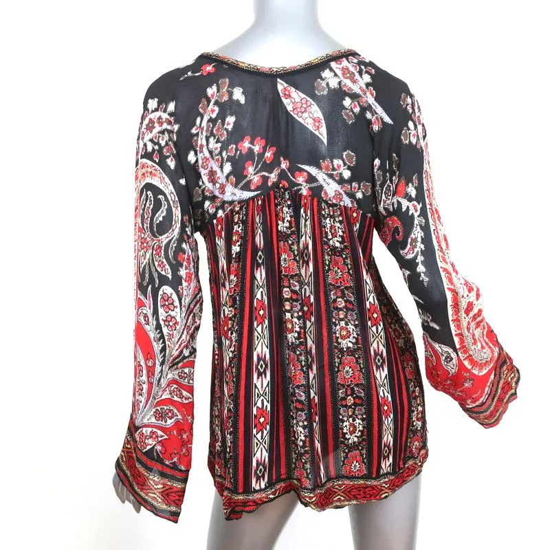 Isabel Marant Etoile Top Tucson Noir/Rouge Imprimé Paisley Blouse en Crêpe Taille 40