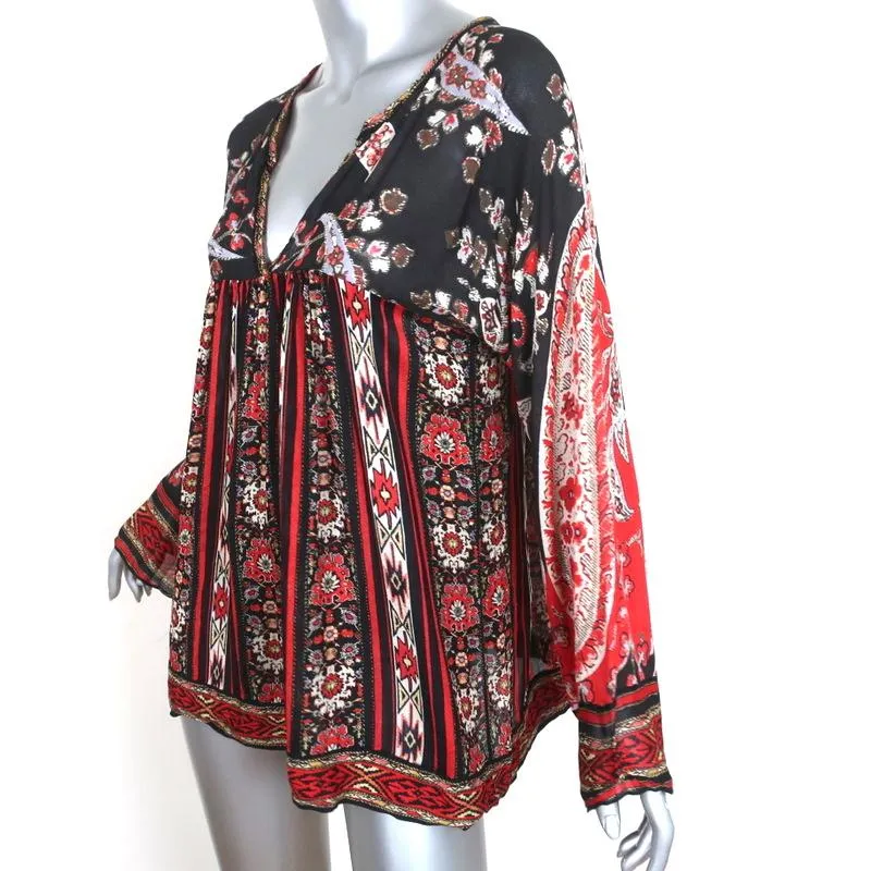 Isabel Marant Etoile Top Tucson Noir/Rouge Imprimé Paisley Blouse en Crêpe Taille 40