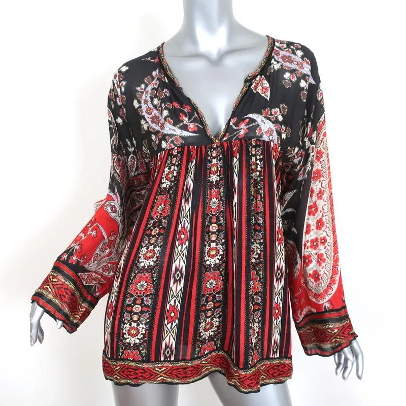 Isabel Marant Etoile Top Tucson Noir/Rouge Imprimé Paisley Blouse en Crêpe Taille 40