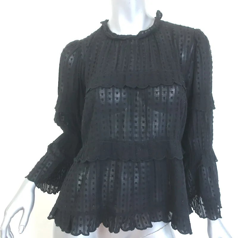 Isabel Marant Etoile Ykaria Blouse à Volants Noir en Coton Flocké Taille 34