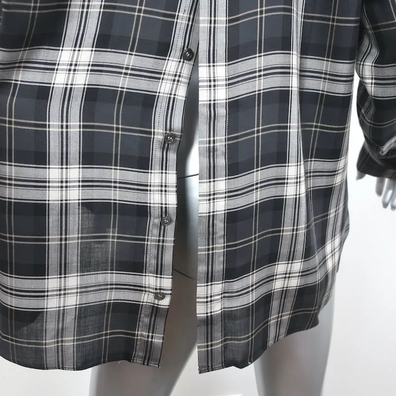 Jenni Kayne Chemise à Carreaux avec Boutons dans le Dos Gris Lyocell Taille Grand Manches Longues Haut