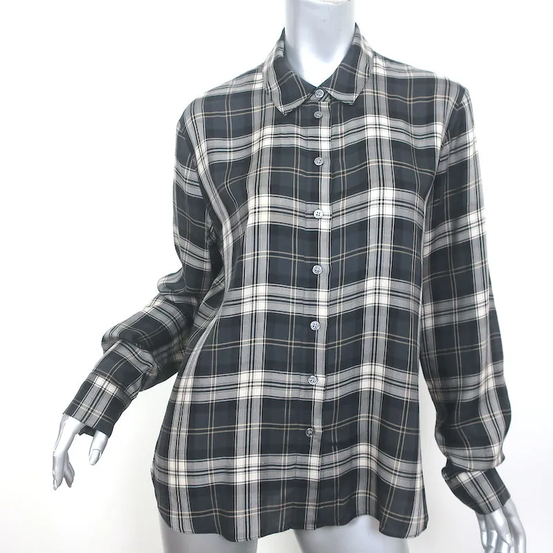 Jenni Kayne Chemise à Carreaux avec Boutons dans le Dos Gris Lyocell Taille Grand Manches Longues Haut