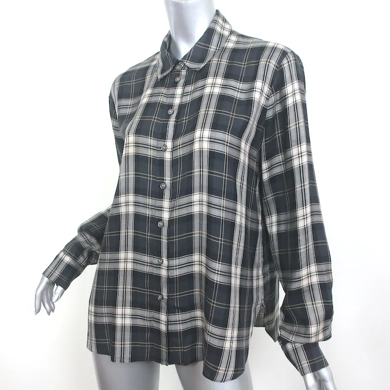 Jenni Kayne Chemise à Carreaux avec Boutons dans le Dos Gris Lyocell Taille Grand Manches Longues Haut