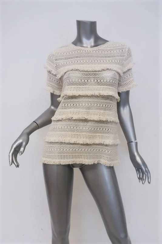 Joie Top Rafel Ivoire à Franges Ouvert Tricoté en Coton Taille Très Petite Manches Courtes
