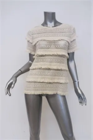 Joie Top Rafel Ivory Fringed Open Knit Cotton Size Extra Small Short Sleeve
