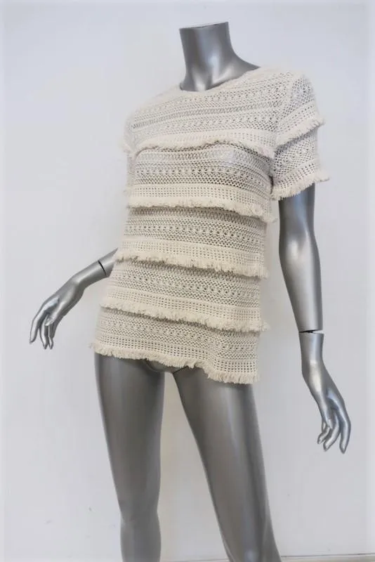 Joie Top Rafel Ivoire à Franges Ouvert Tricoté en Coton Taille Très Petite Manches Courtes