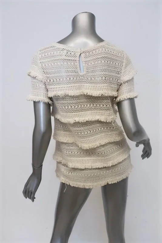 Joie Top Rafel Ivoire à Franges Ouvert Tricoté en Coton Taille Très Petite Manches Courtes