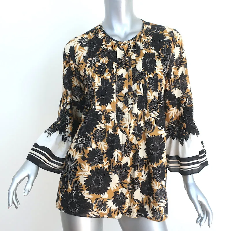 Kobi Halperin Haut Moutarde/Marine à Imprimé Floral Taille Petite Blouse à Manches Cloche