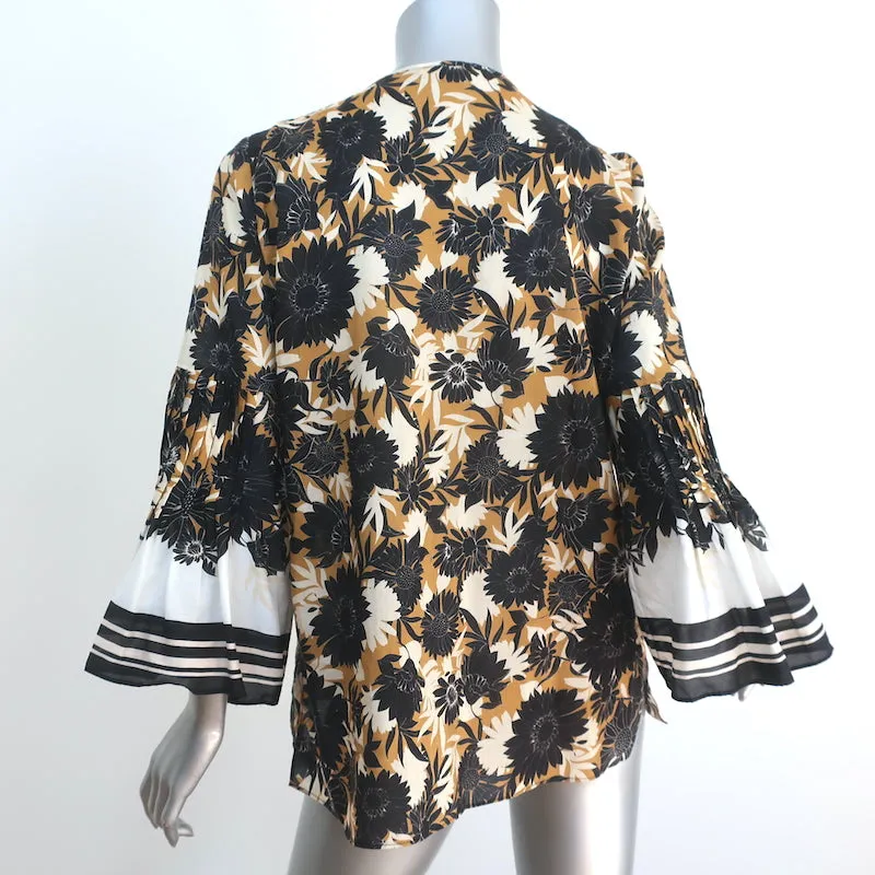 Kobi Halperin Haut Moutarde/Marine à Imprimé Floral Taille Petite Blouse à Manches Cloche