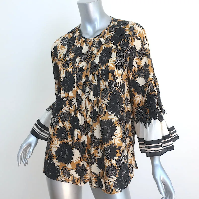 Kobi Halperin Haut Moutarde/Marine à Imprimé Floral Taille Petite Blouse à Manches Cloche