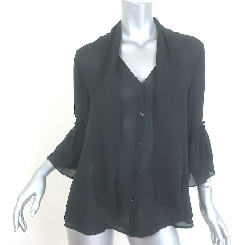 L'Agence Desa Blouse à Nœud Papillon Noir en Soie Taille Petite Haut à Manches à Volants