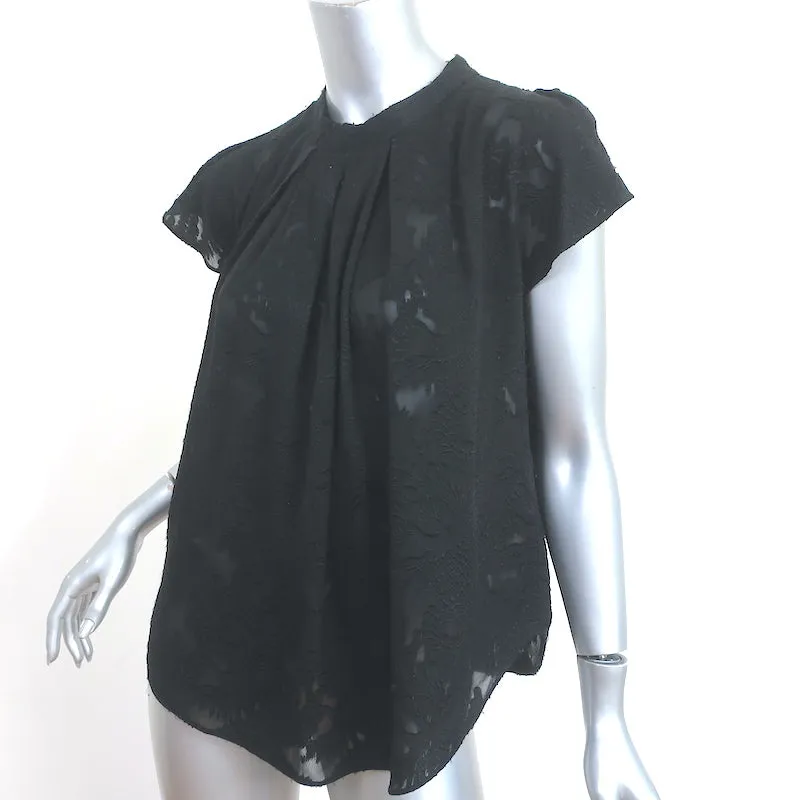 Blouse Floral Burnout Noire en Soie Taille Extra Petite Manches Courtes Haut