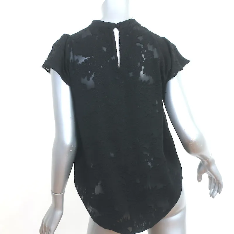 Blouse Floral Burnout Noire en Soie Taille Extra Petite Manches Courtes Haut