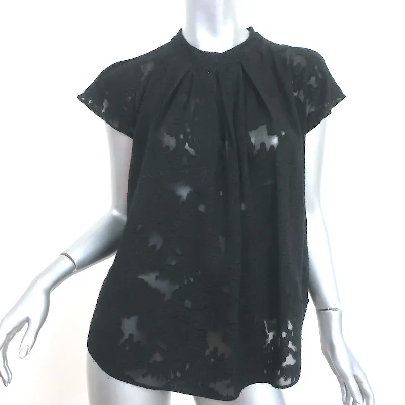 Blouse Floral Burnout Noire en Soie Taille Extra Petite Manches Courtes Haut