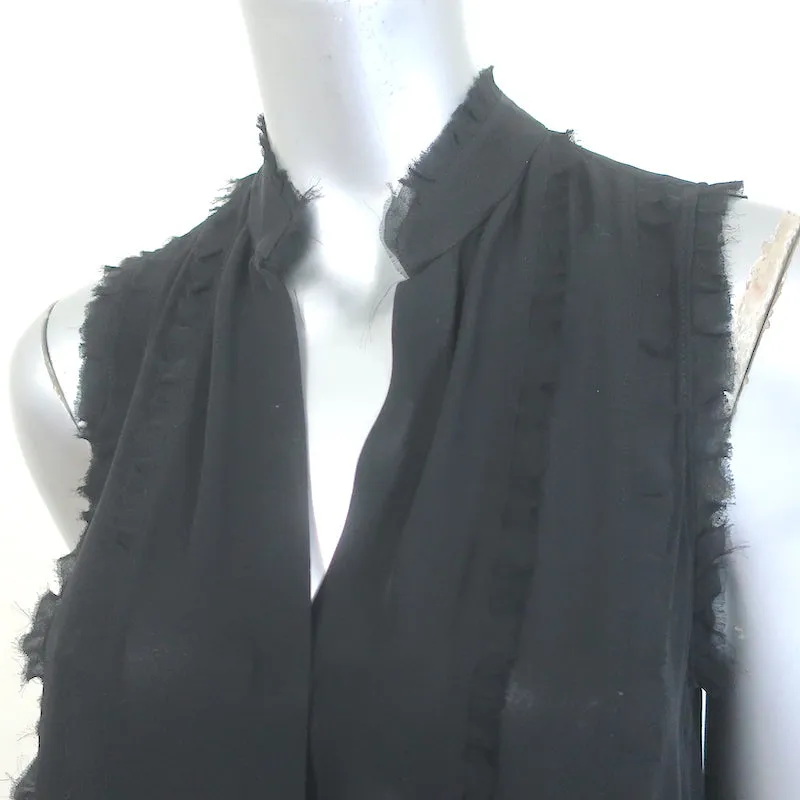 L'Agence Blouse à Volants Effilochés Noir Soie Taille Petite Haut à Boutons Sans Manches