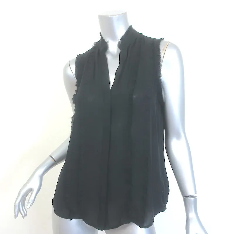 L'Agence Blouse à Volants Effilochés Noir Soie Taille Petite Haut à Boutons Sans Manches