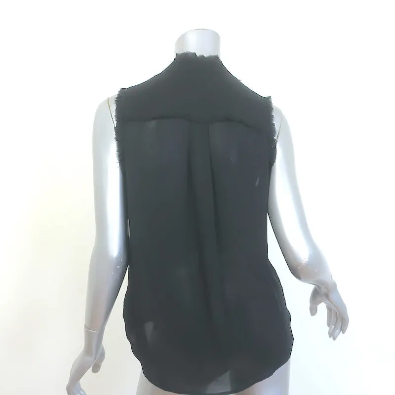 L'Agence Blouse à Volants Effilochés Noir Soie Taille Petite Haut à Boutons Sans Manches