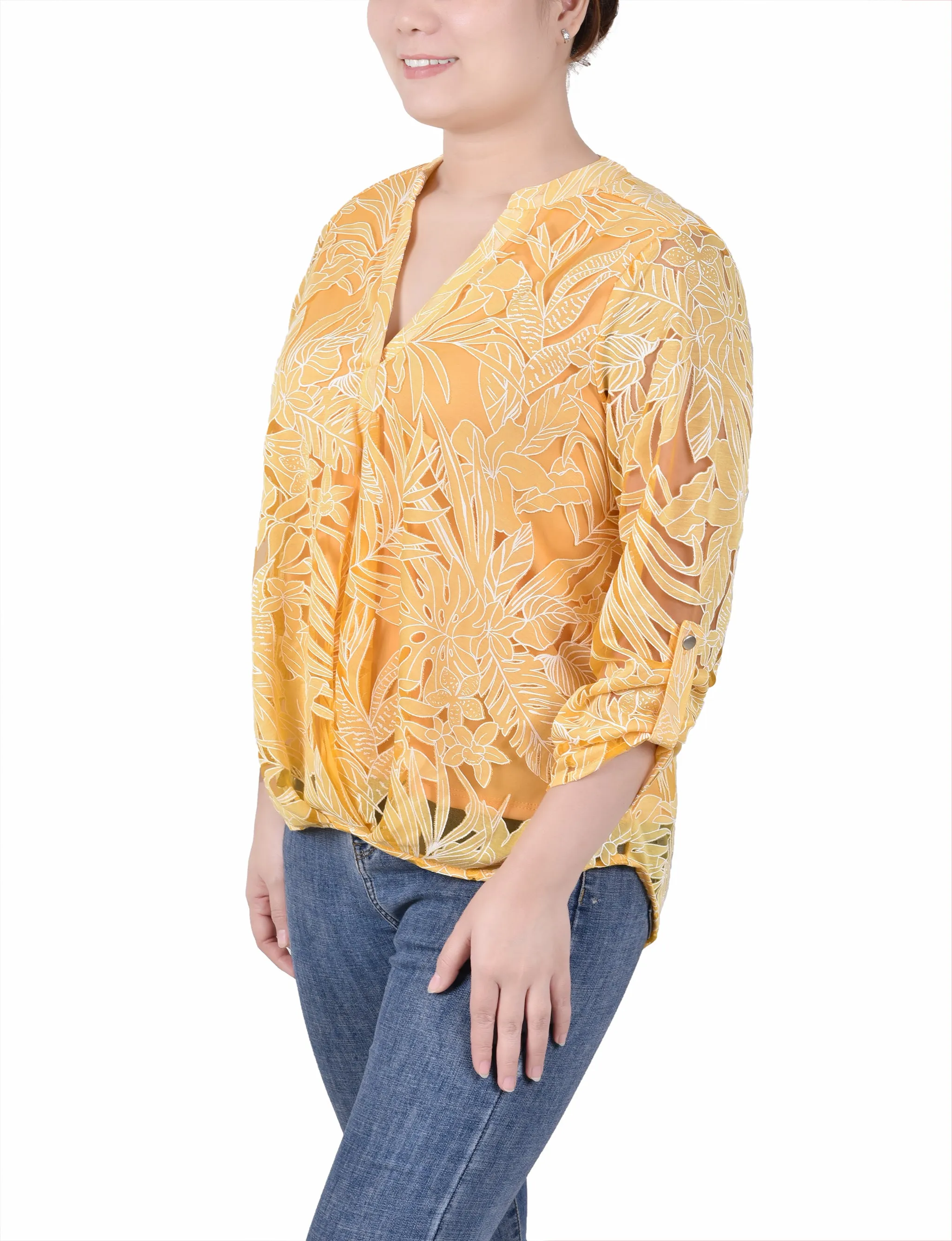 Blouse à encolure en Y à manches longues effet brûlé