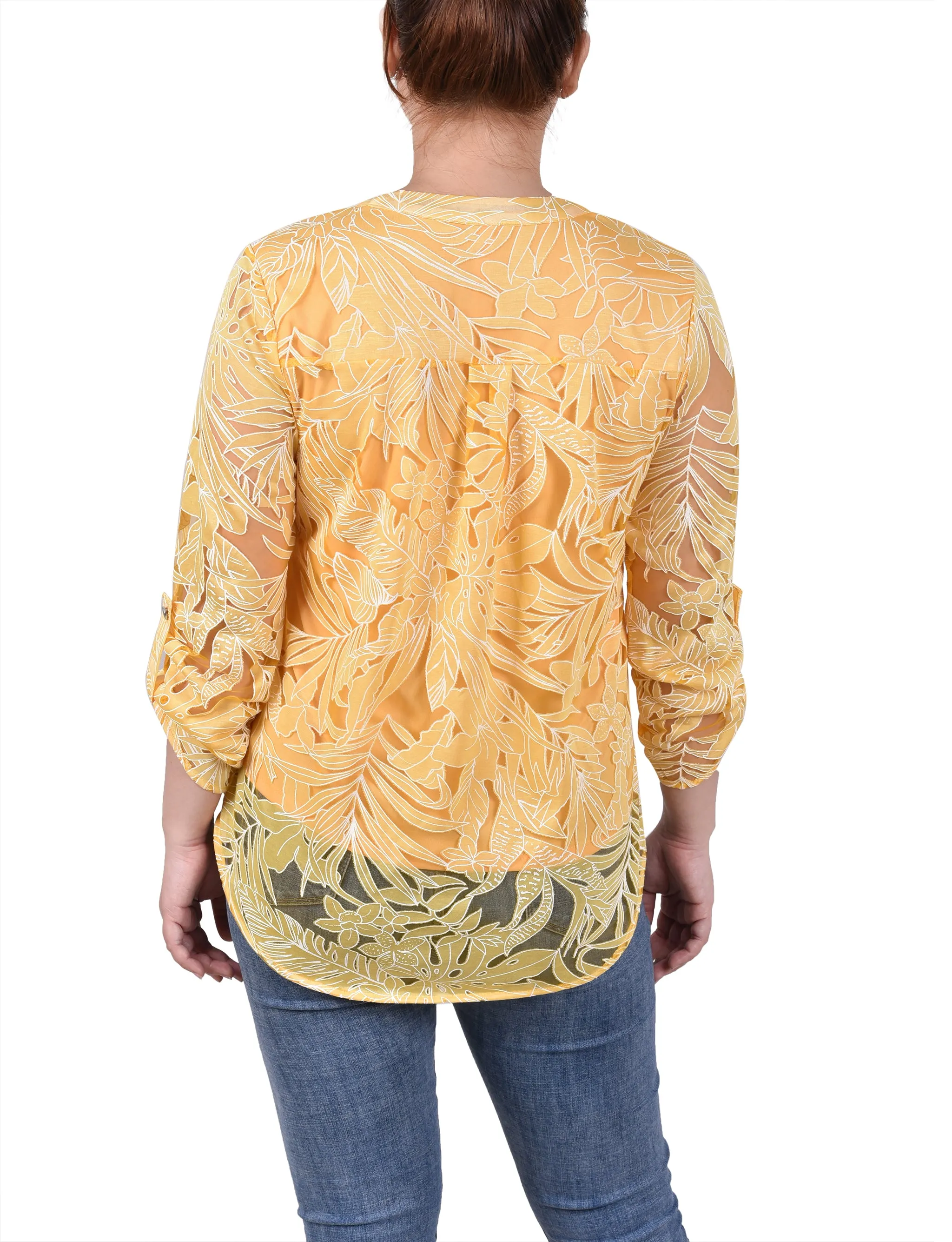 Blouse à encolure en Y à manches longues effet brûlé