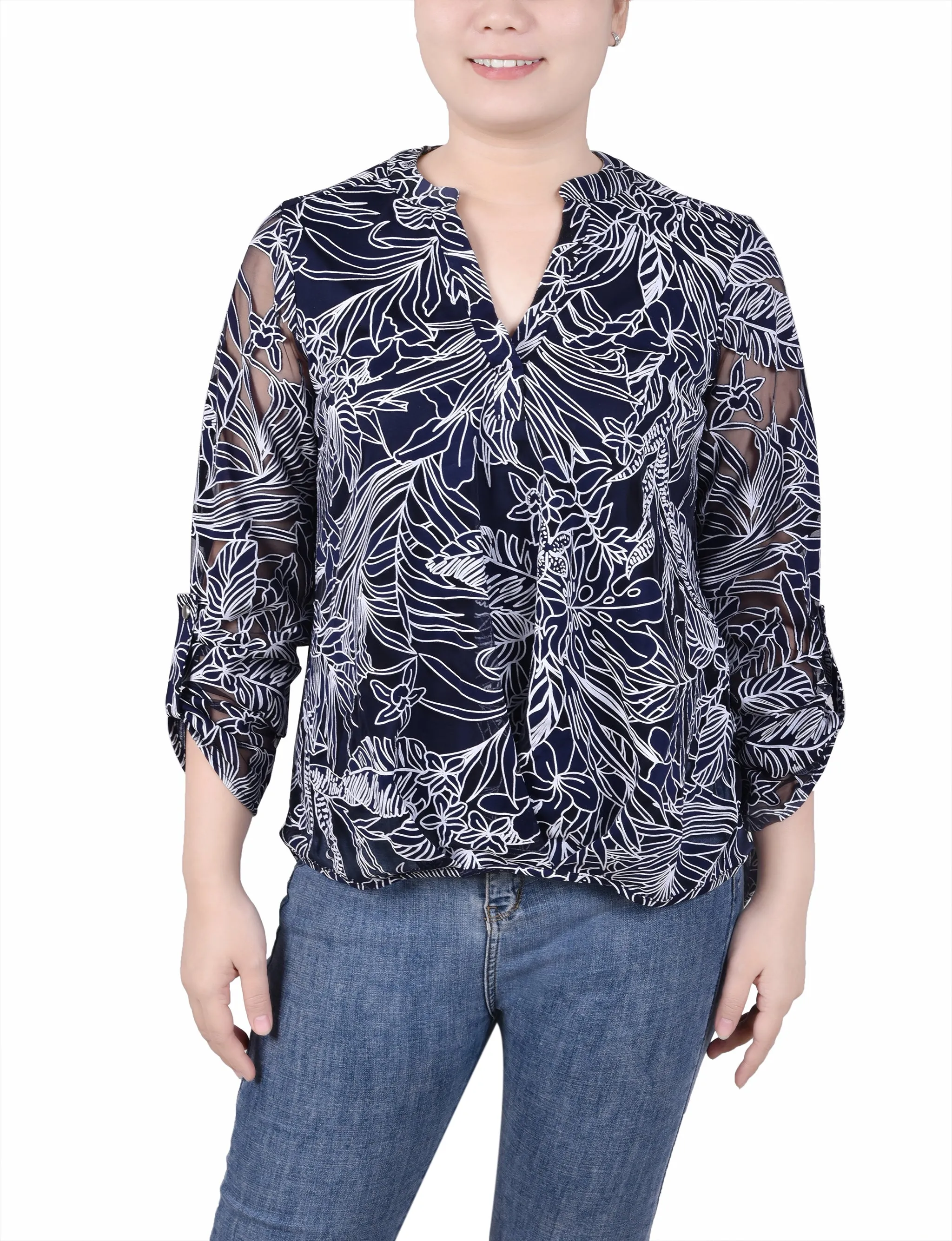 Blouse à encolure en Y à manches longues effet brûlé