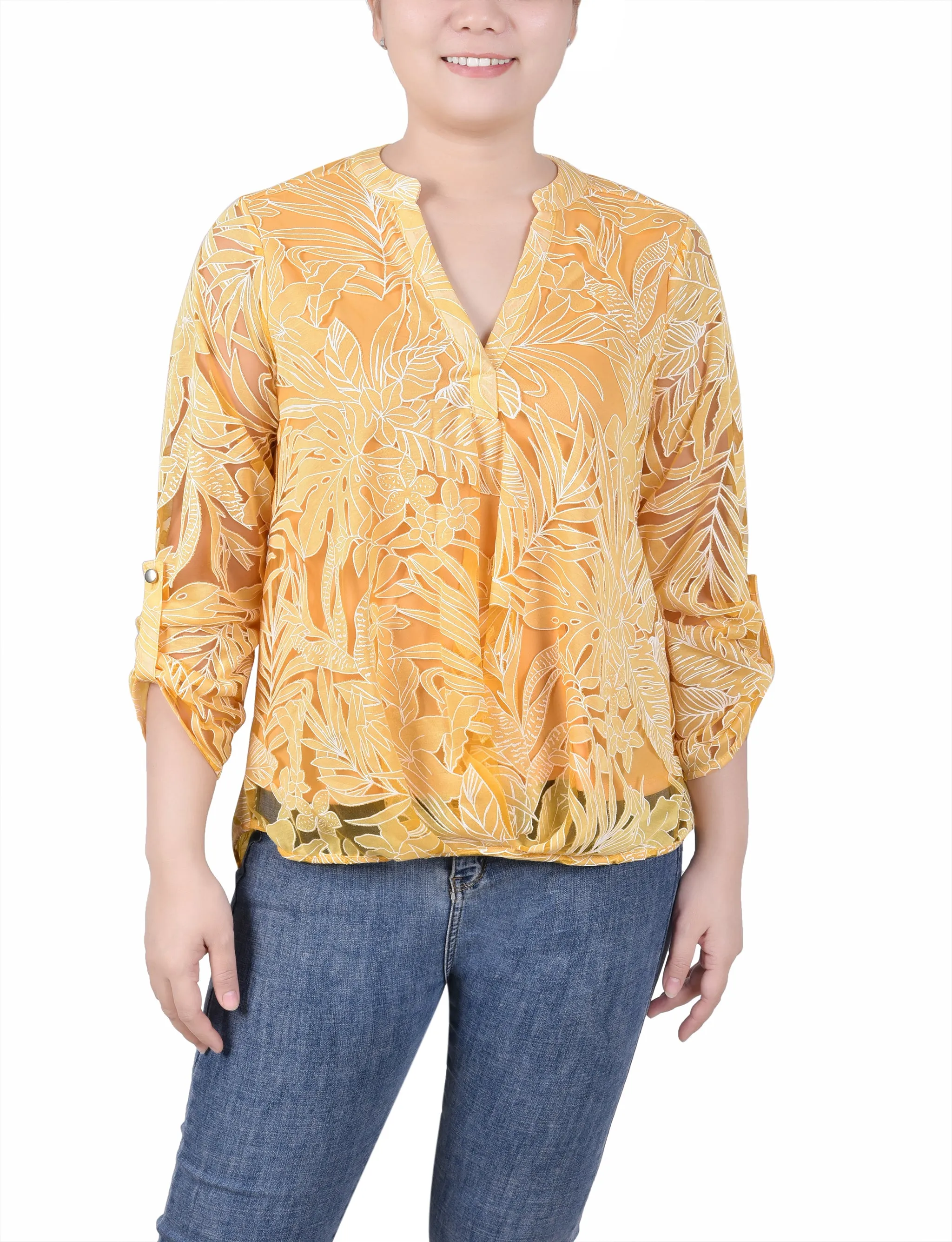 Blouse à encolure en Y à manches longues effet brûlé