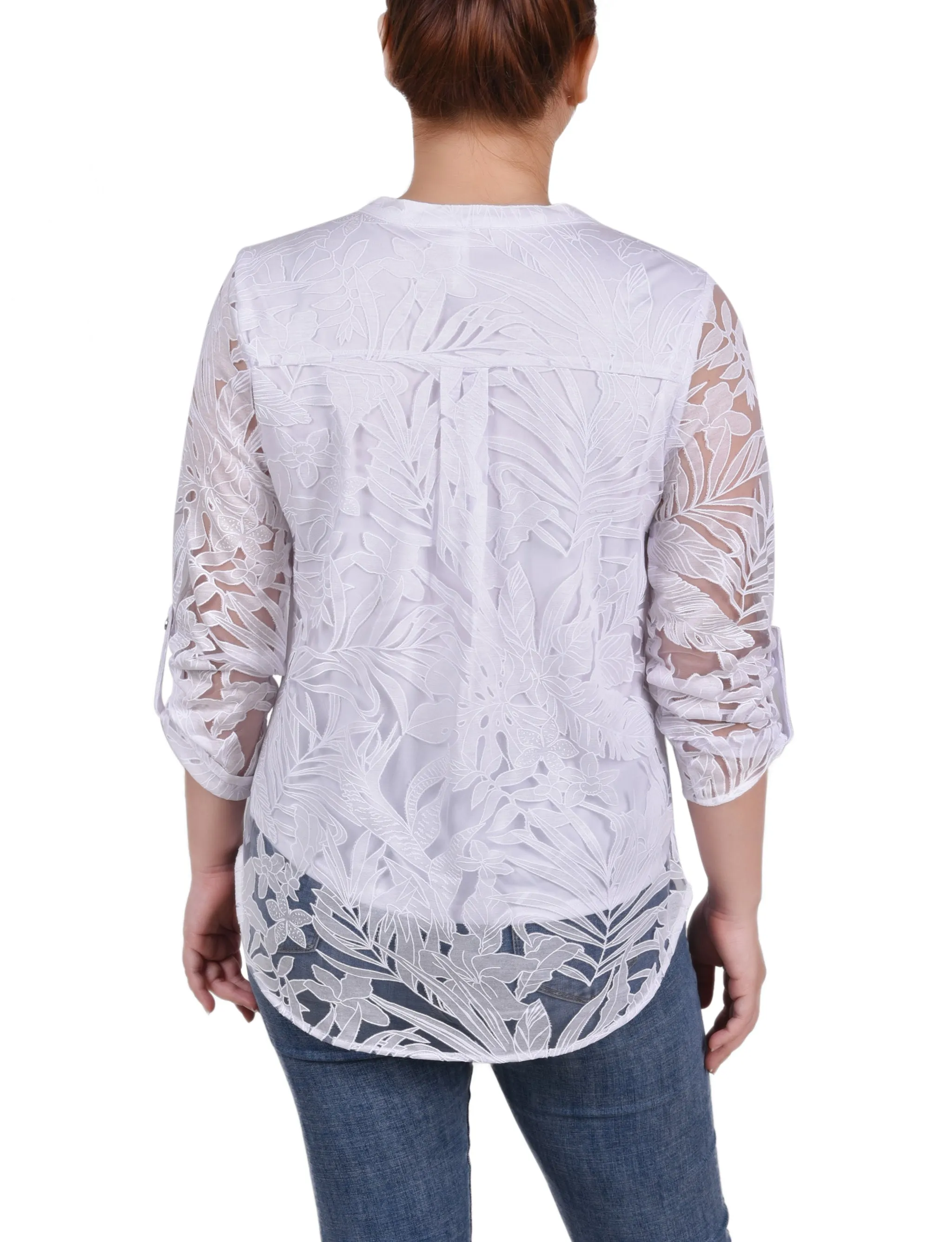 Blouse à encolure en Y à manches longues effet brûlé