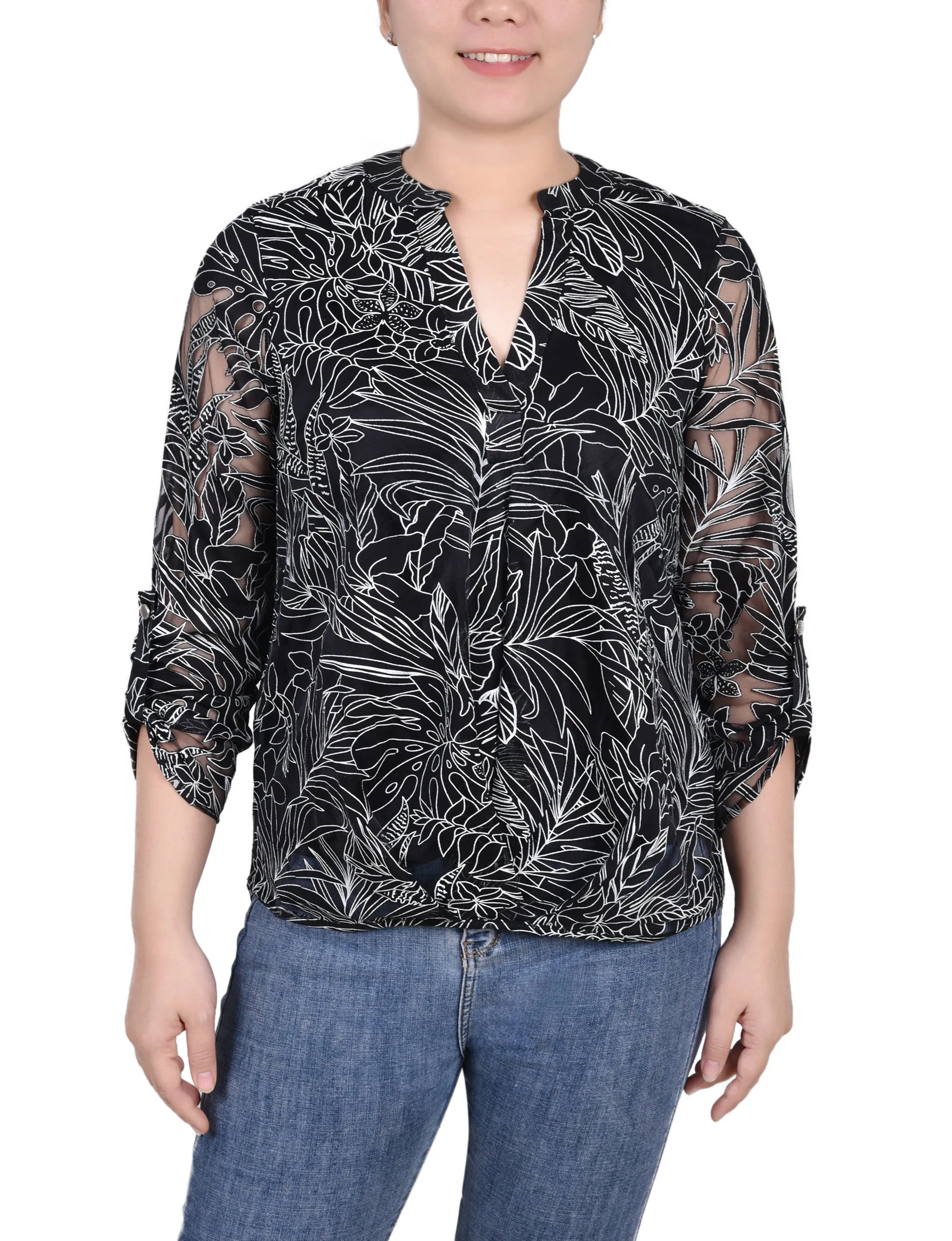 Blouse à encolure en Y à manches longues effet brûlé