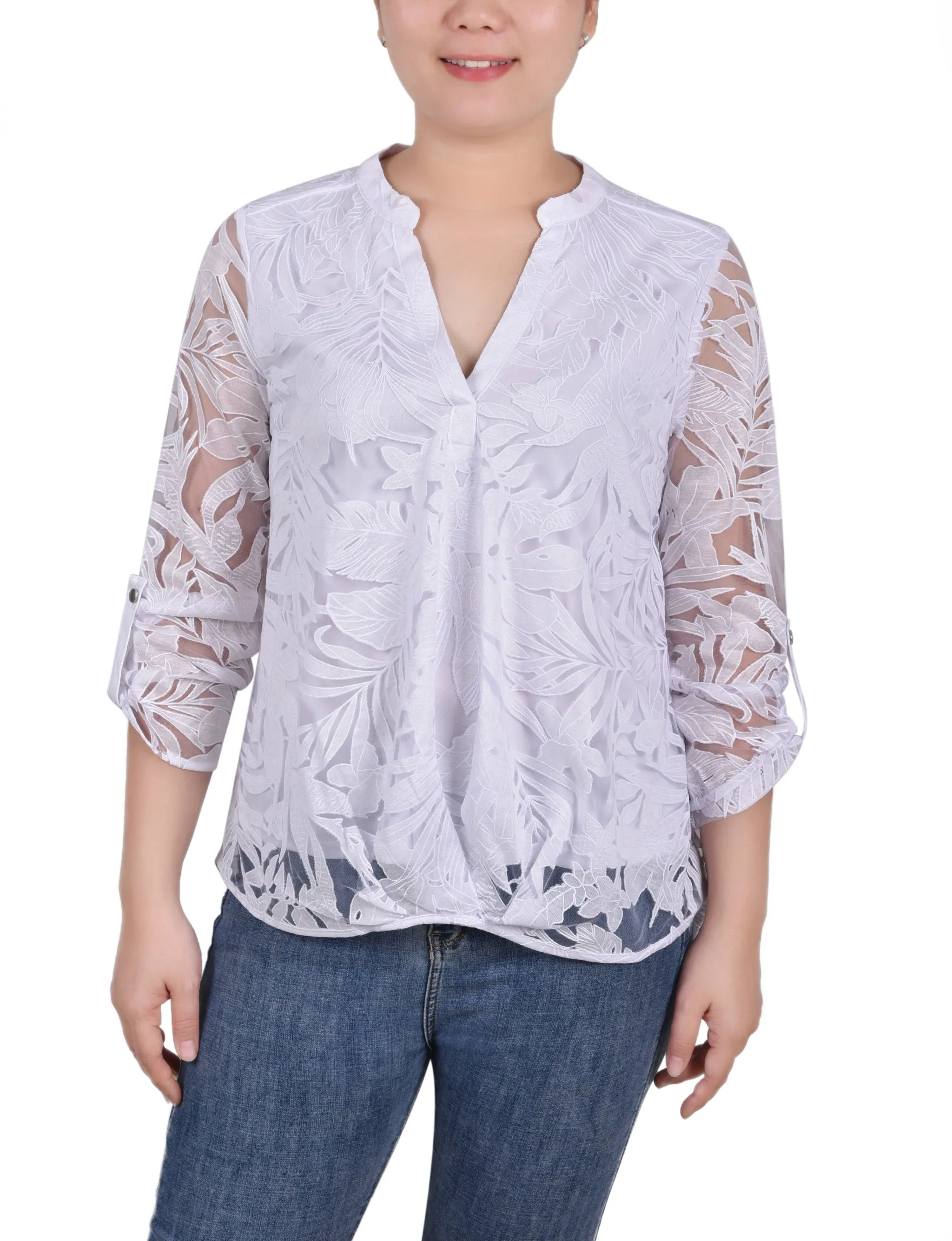 Blouse à encolure en Y à manches longues effet brûlé