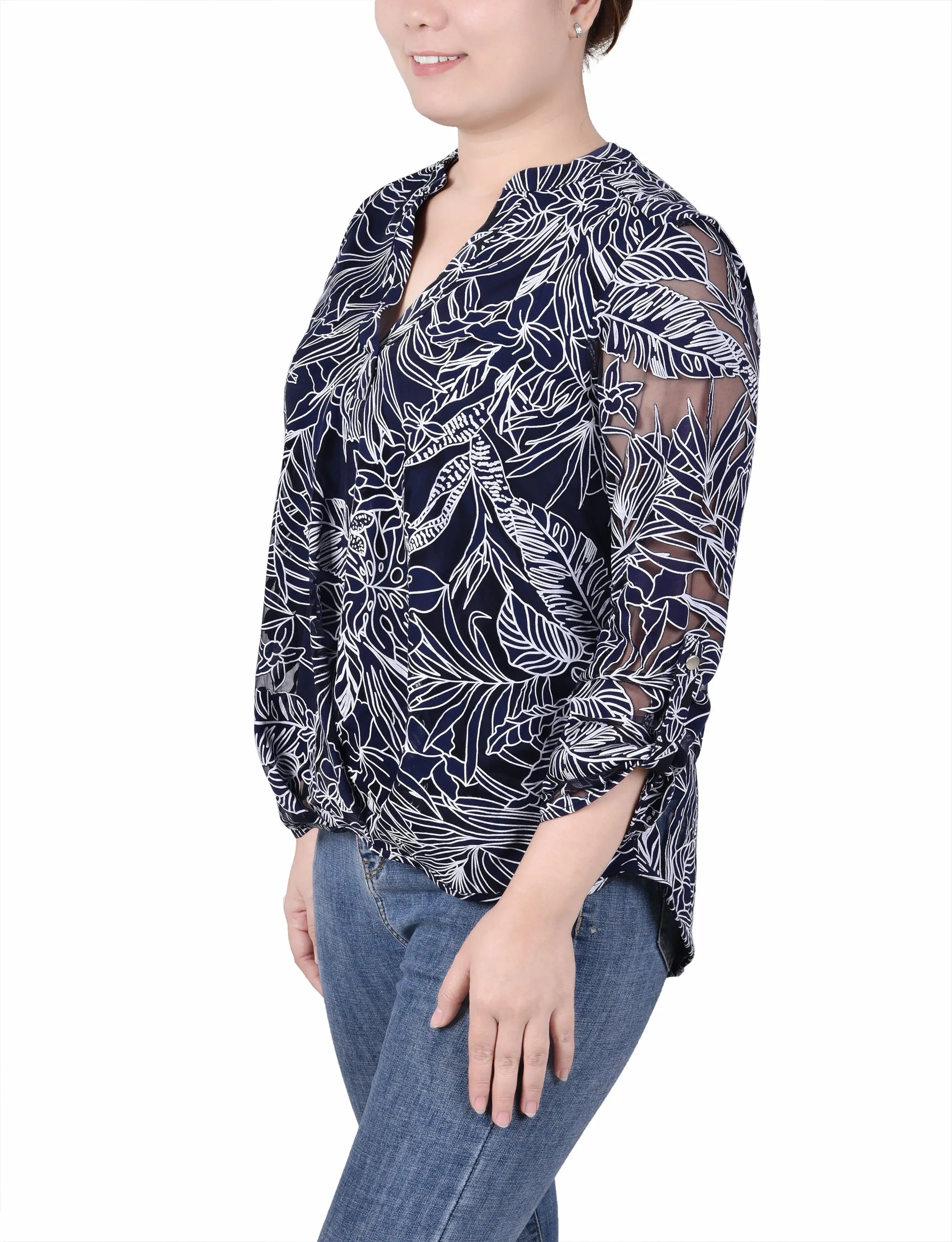 Blouse à encolure en Y à manches longues effet brûlé