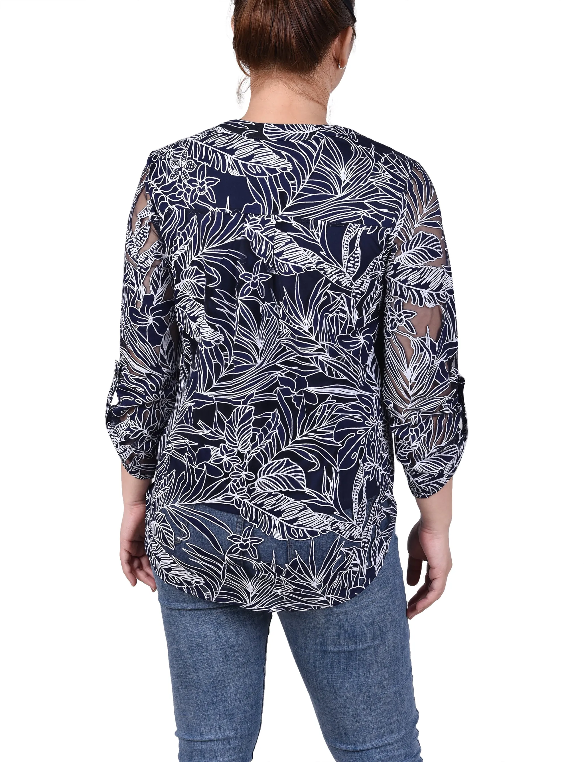 Blouse à encolure en Y à manches longues effet brûlé