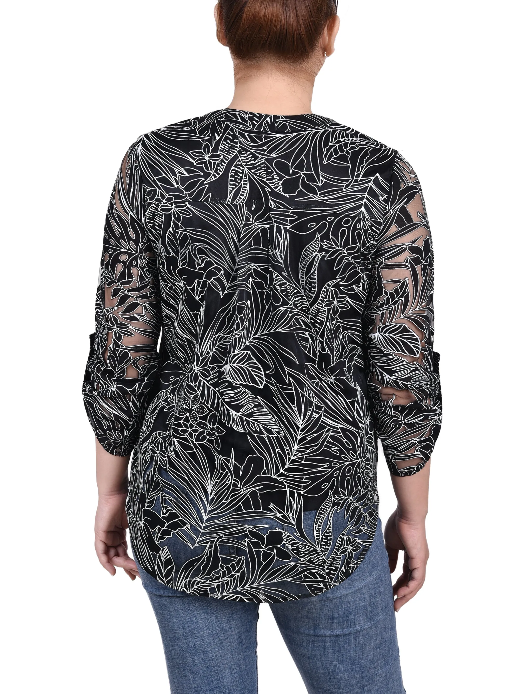 Blouse à encolure en Y à manches longues effet brûlé