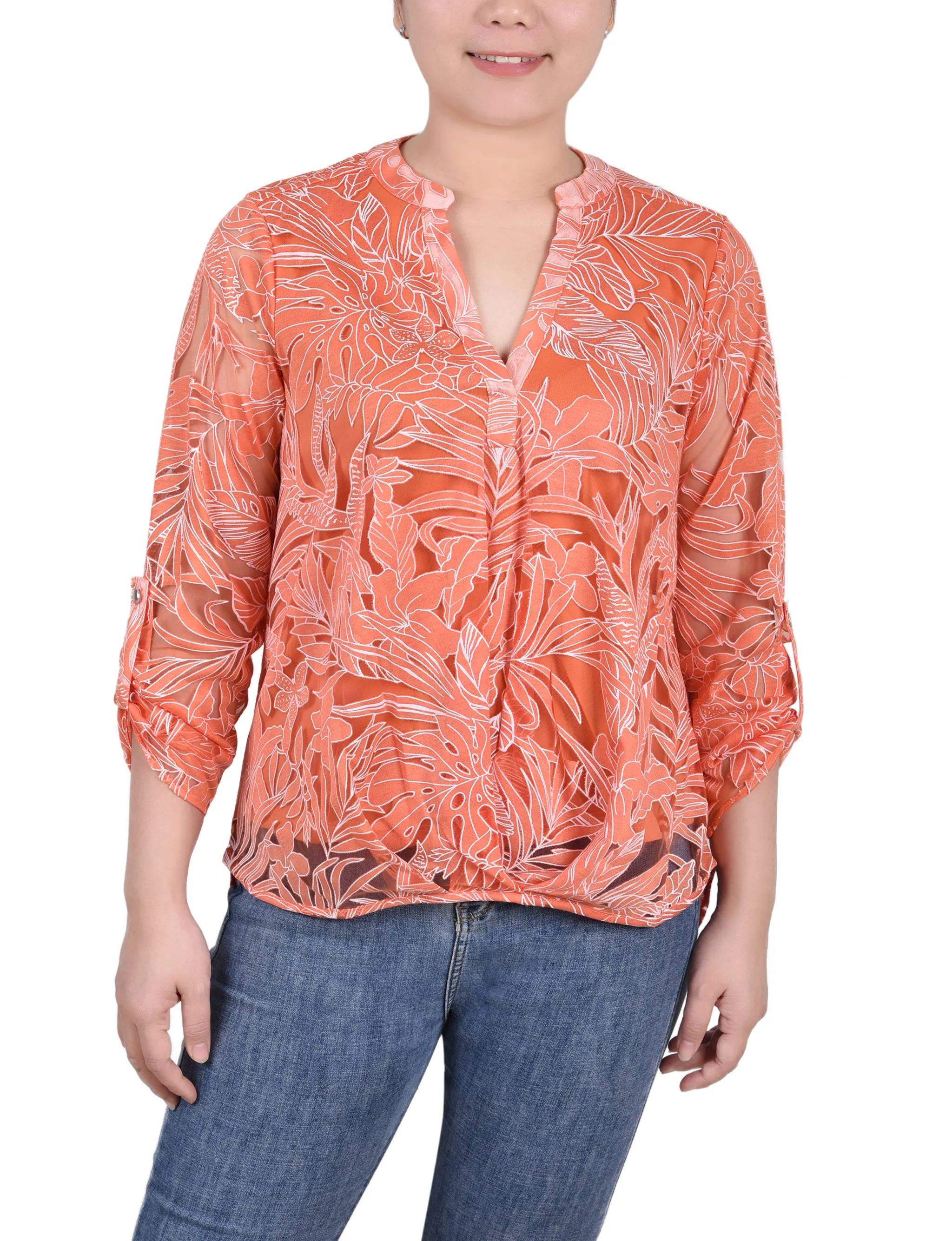 Blouse à encolure en Y à manches longues effet brûlé
