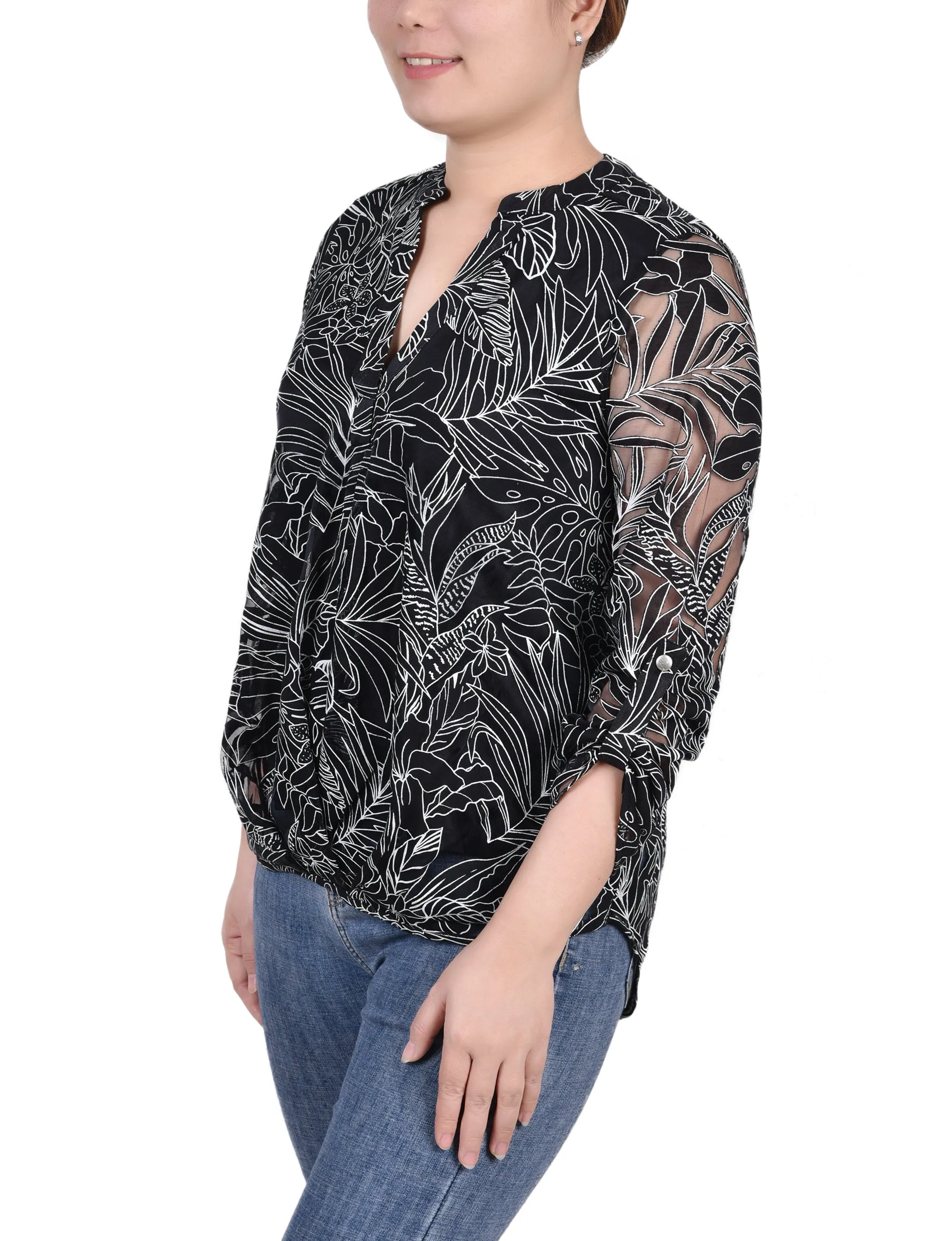 Blouse à encolure en Y à manches longues effet brûlé