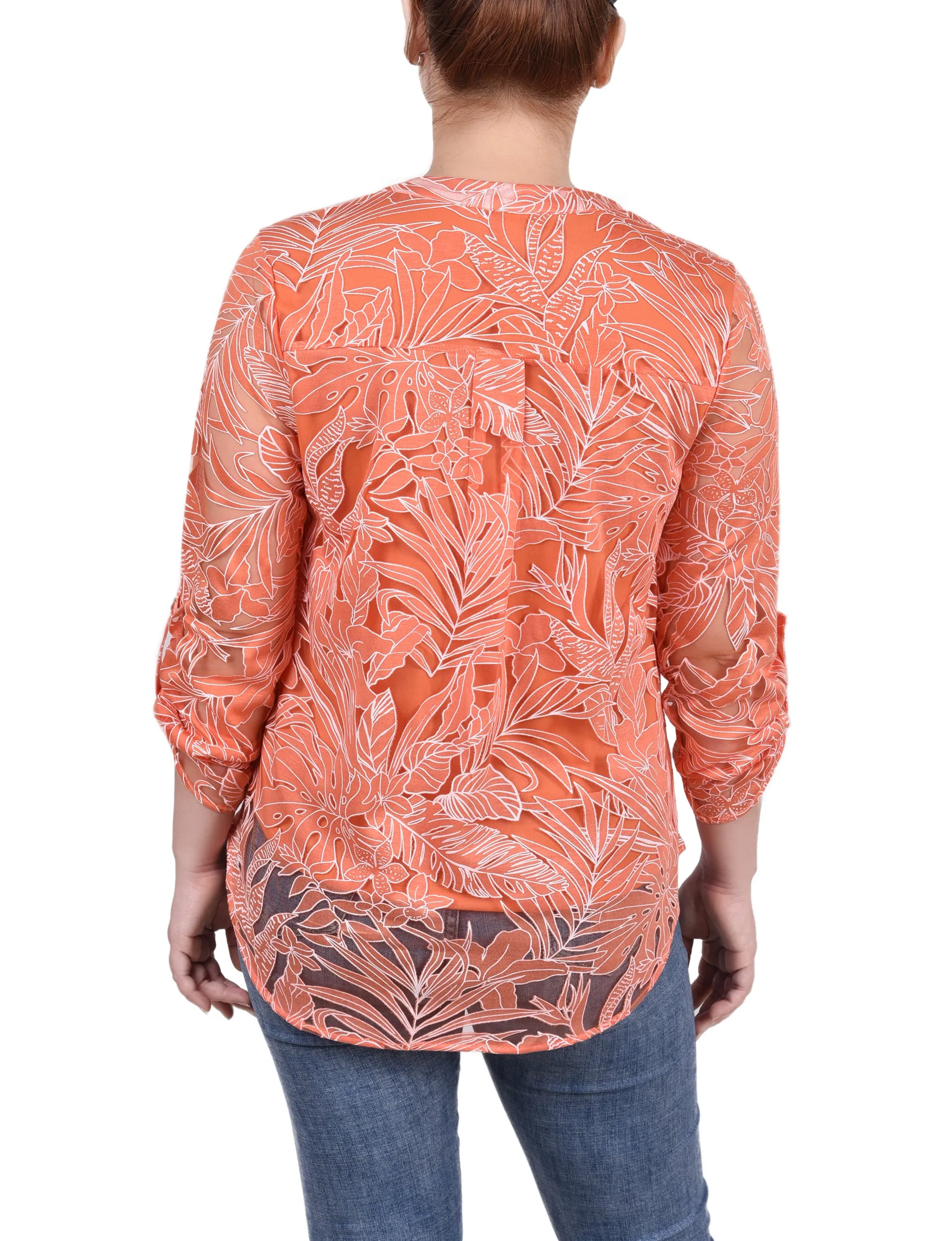 Blouse à encolure en Y à manches longues effet brûlé