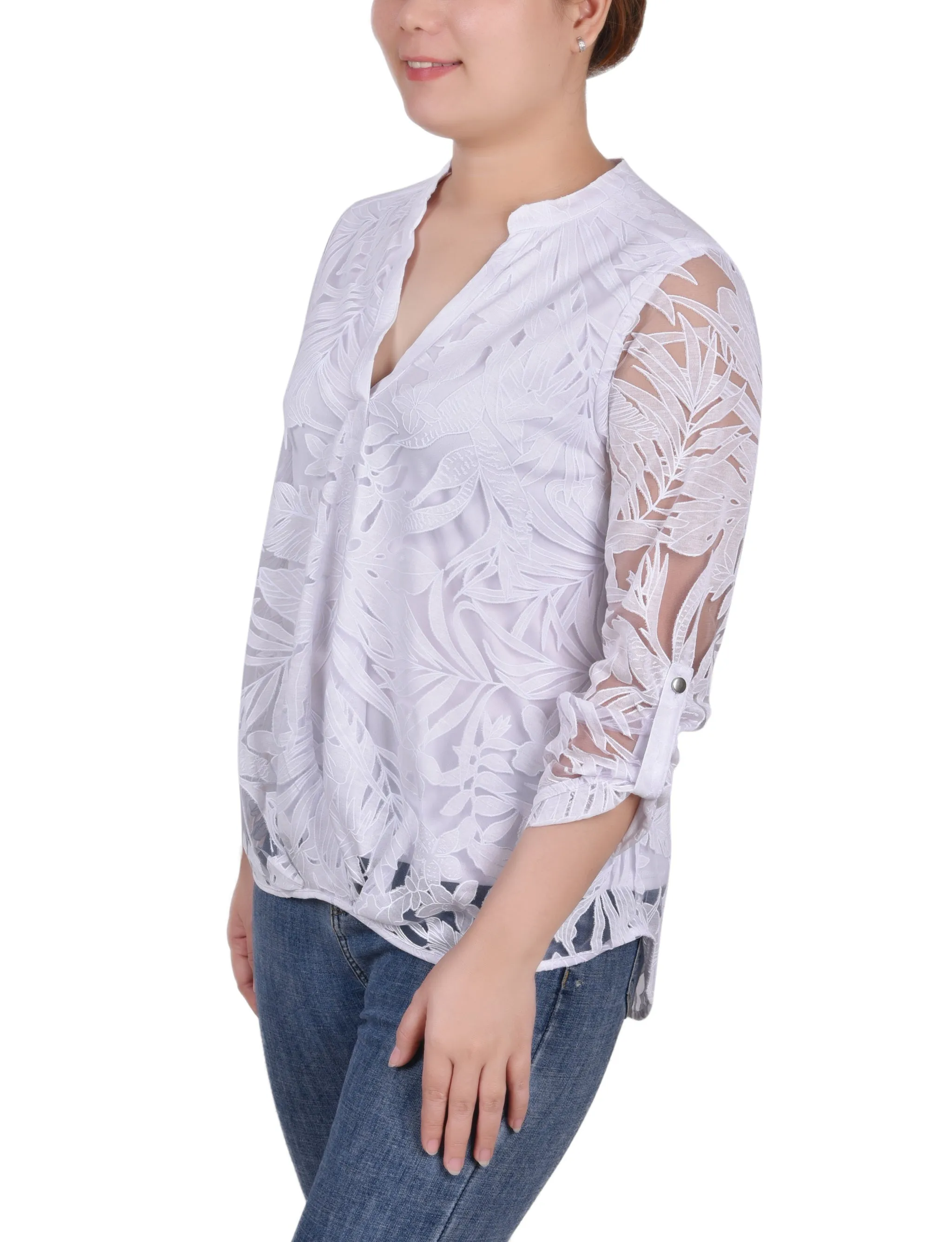 Blouse à encolure en Y à manches longues effet brûlé