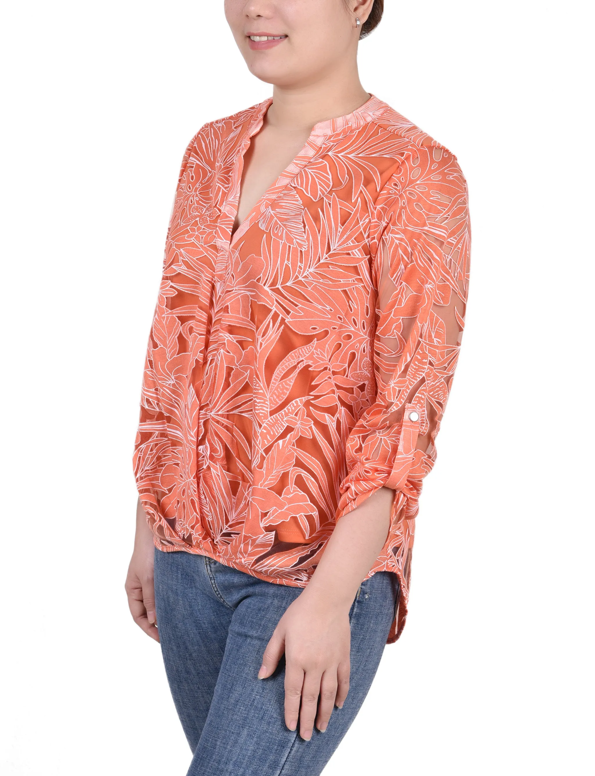 Blouse à encolure en Y à manches longues effet brûlé