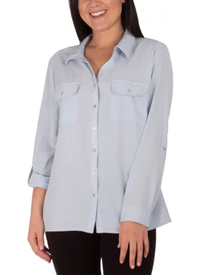 Long Sleeve Y Neck Blouse With Flap Pockets