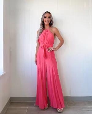 Love Me Tender Halter Tie Jumpsuit - Coral