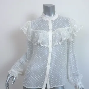 LoveShackFancy Erica Ruffle Blouse Cream Lace-Trim Swiss Dot Size Medium