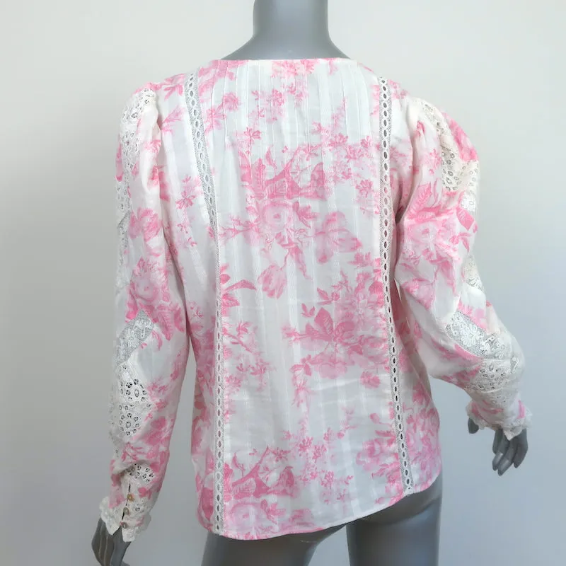 LoveShackFancy Haut à Broderie Dentelle Broadway Imprimé Fleuri Blanc/Rose en Coton Taille S