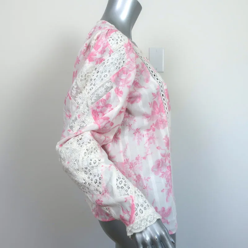 LoveShackFancy Haut à Broderie Dentelle Broadway Imprimé Fleuri Blanc/Rose en Coton Taille S
