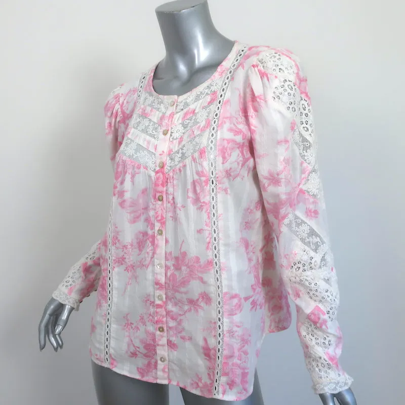 LoveShackFancy Haut à Broderie Dentelle Broadway Imprimé Fleuri Blanc/Rose en Coton Taille S