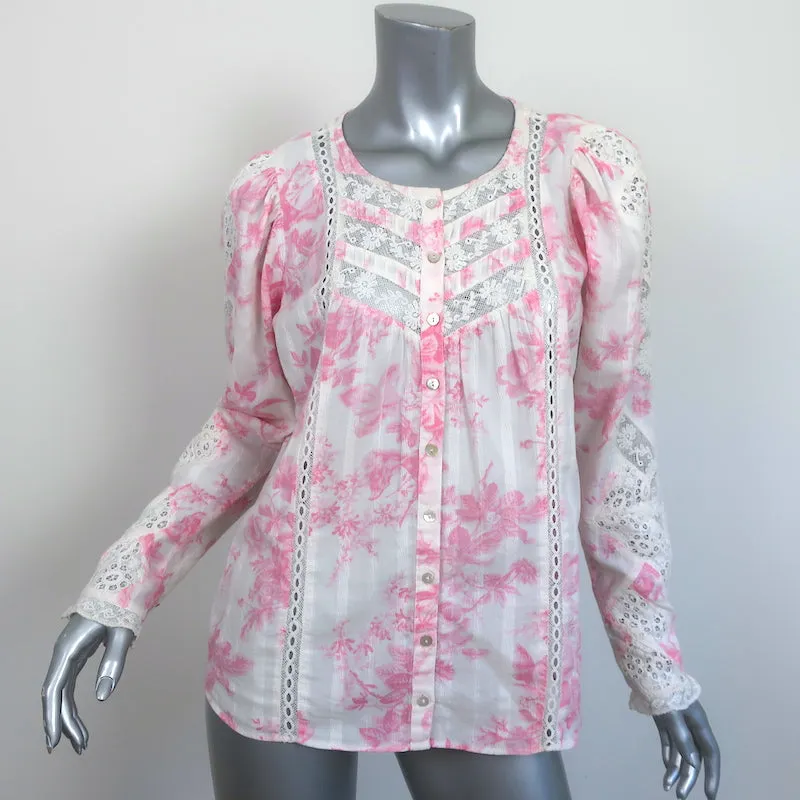 LoveShackFancy Haut à Broderie Dentelle Broadway Imprimé Fleuri Blanc/Rose en Coton Taille S