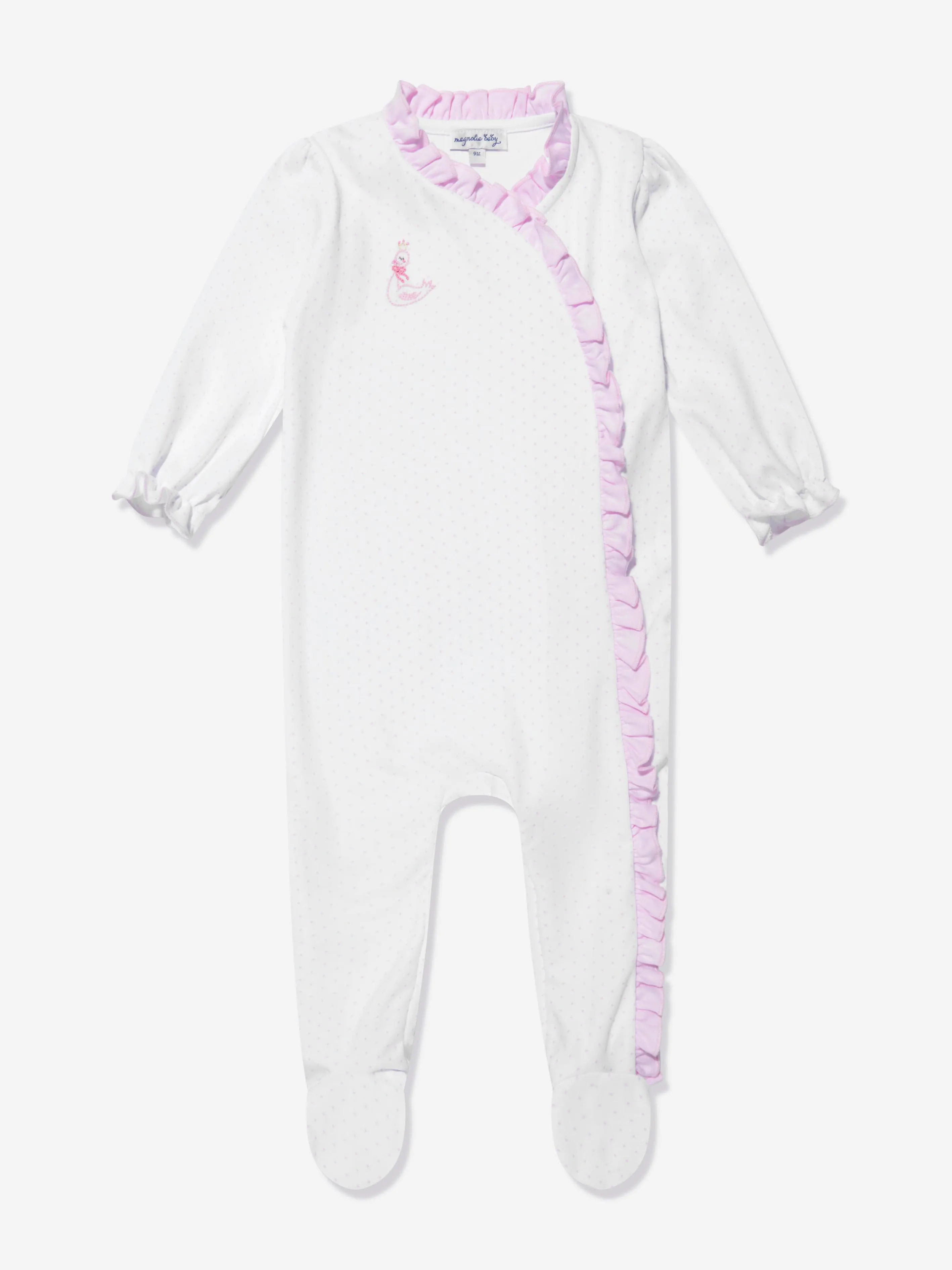 Magnolia Baby Body pour bébé fille avec broderie de cygne et volants croisés en blanc