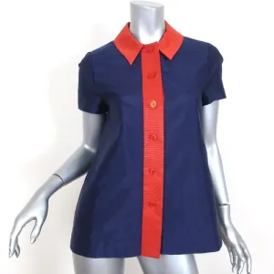 Marc by Marc Jacobs Shirt Navy/Orange Contrast-Trim Silk Size 4 Short Sleeve Top