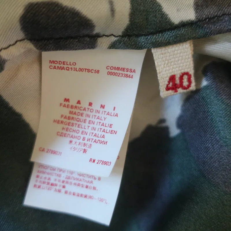 Marni Blouse Vert Foncé Imprimé Floral Abstrait en Soie Sergé Taille 40 Haut à Manches Longues