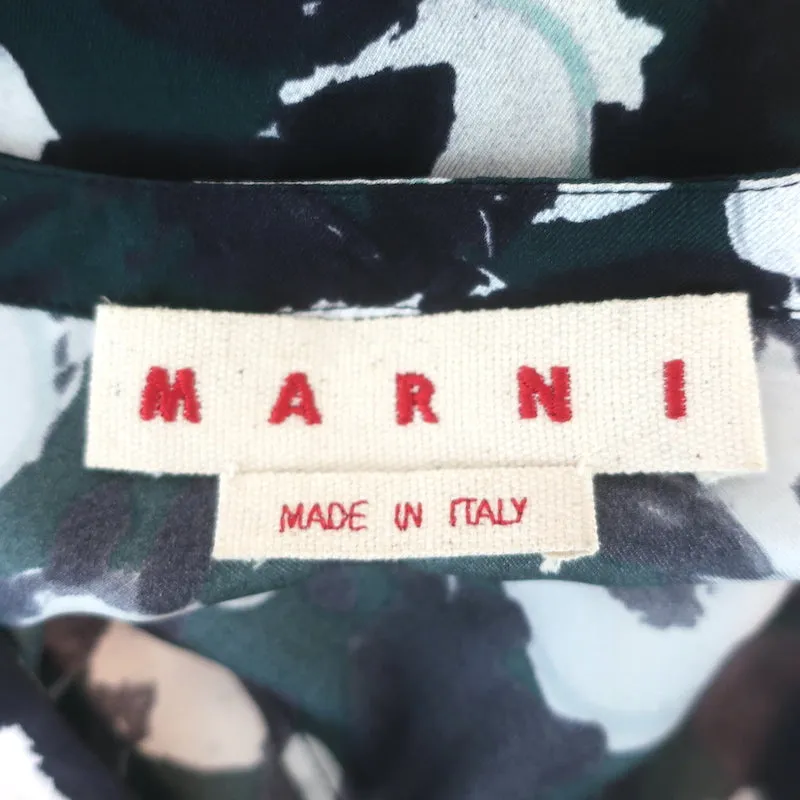 Marni Blouse Vert Foncé Imprimé Floral Abstrait en Soie Sergé Taille 40 Haut à Manches Longues