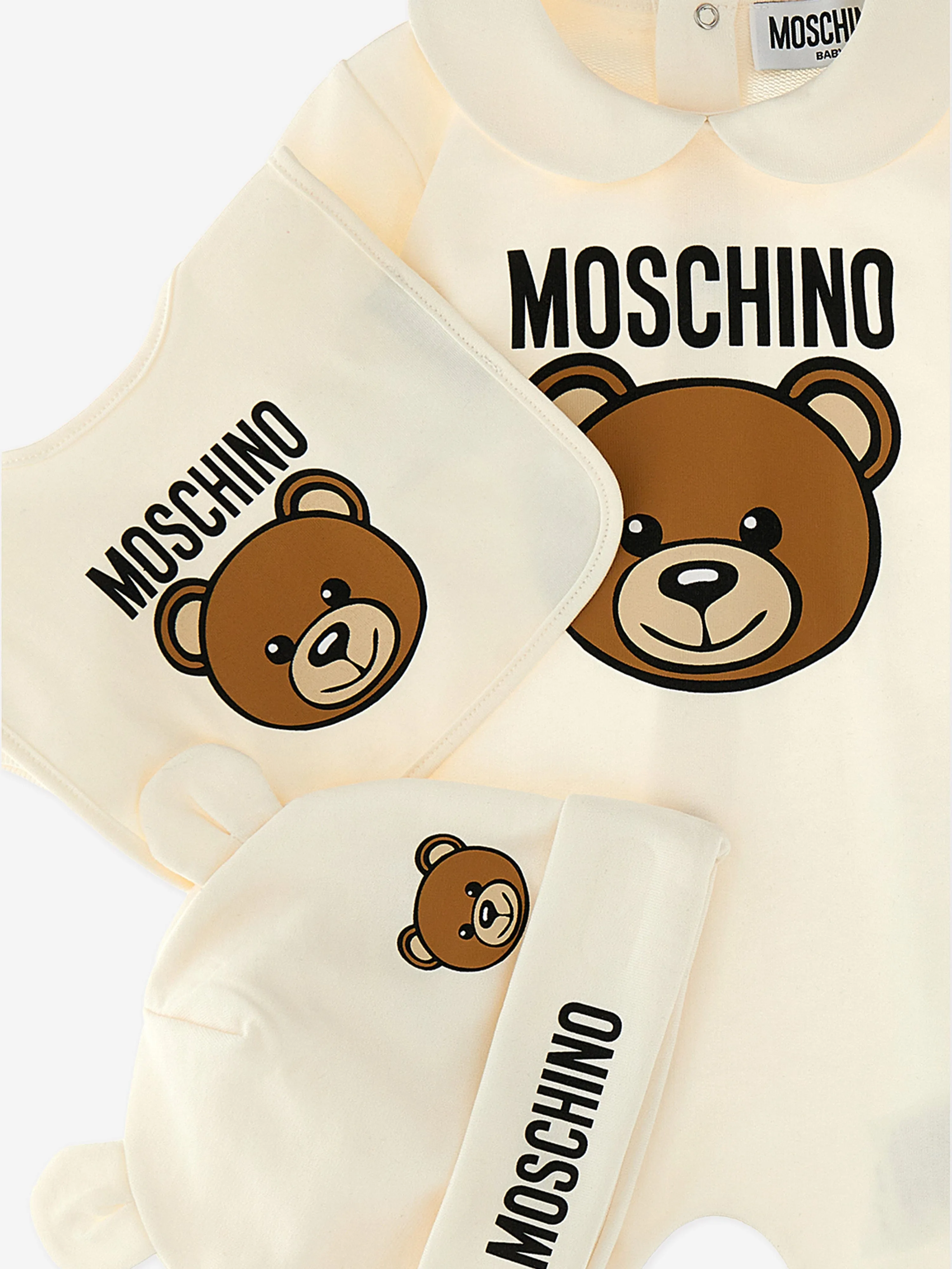 Ensemble Cadeau Body Bébé Logo Ourson Moschino en Ivoire