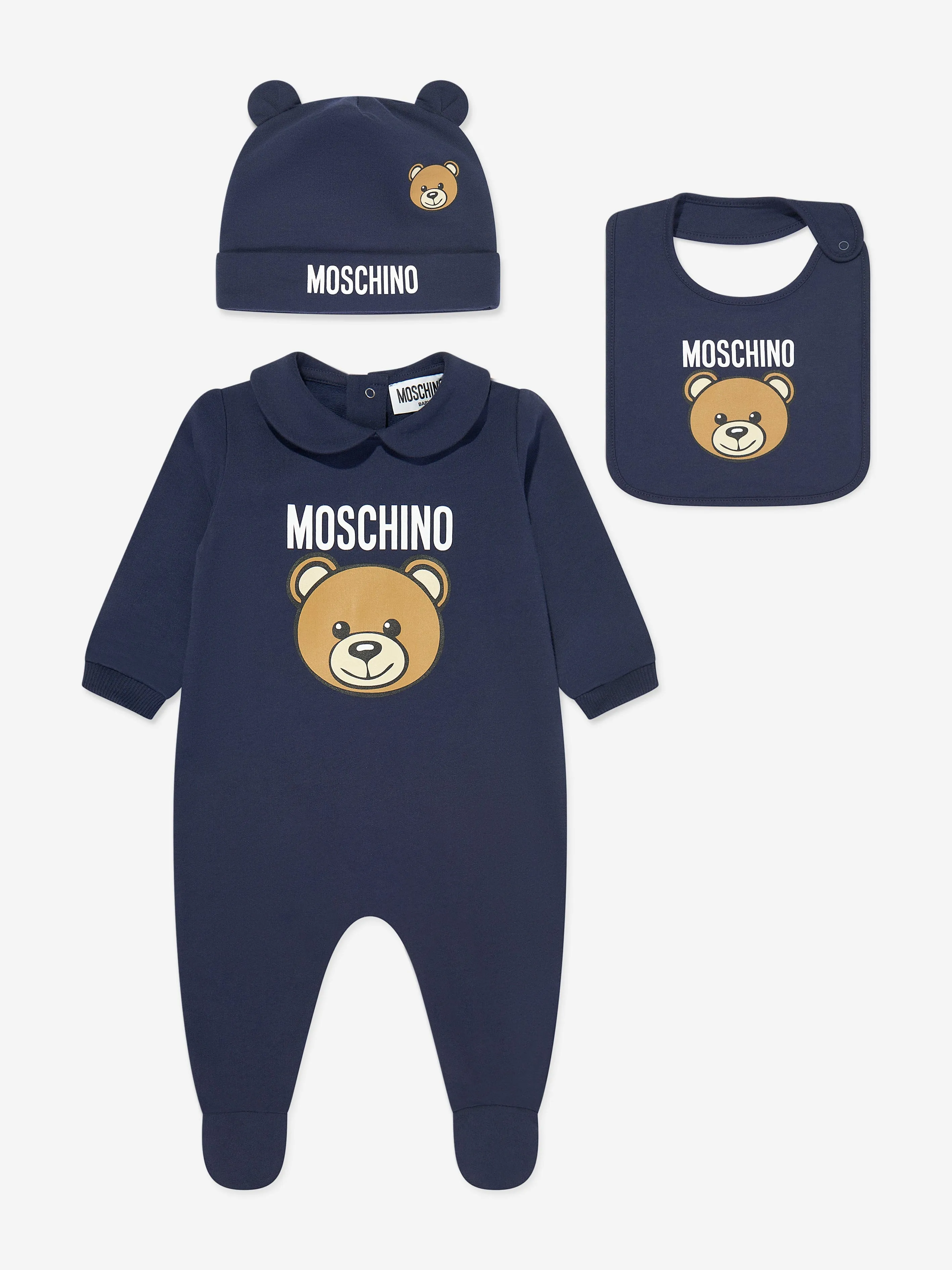 Ensemble Cadeau Body Bébé Garçon avec Logo Ours Moschino en Bleu Marine