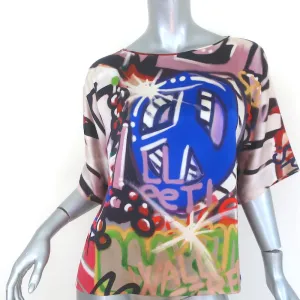 Moschino Graffiti Print Blouse Multicolor Silk Satin Size US 6 Short Sleeve Top